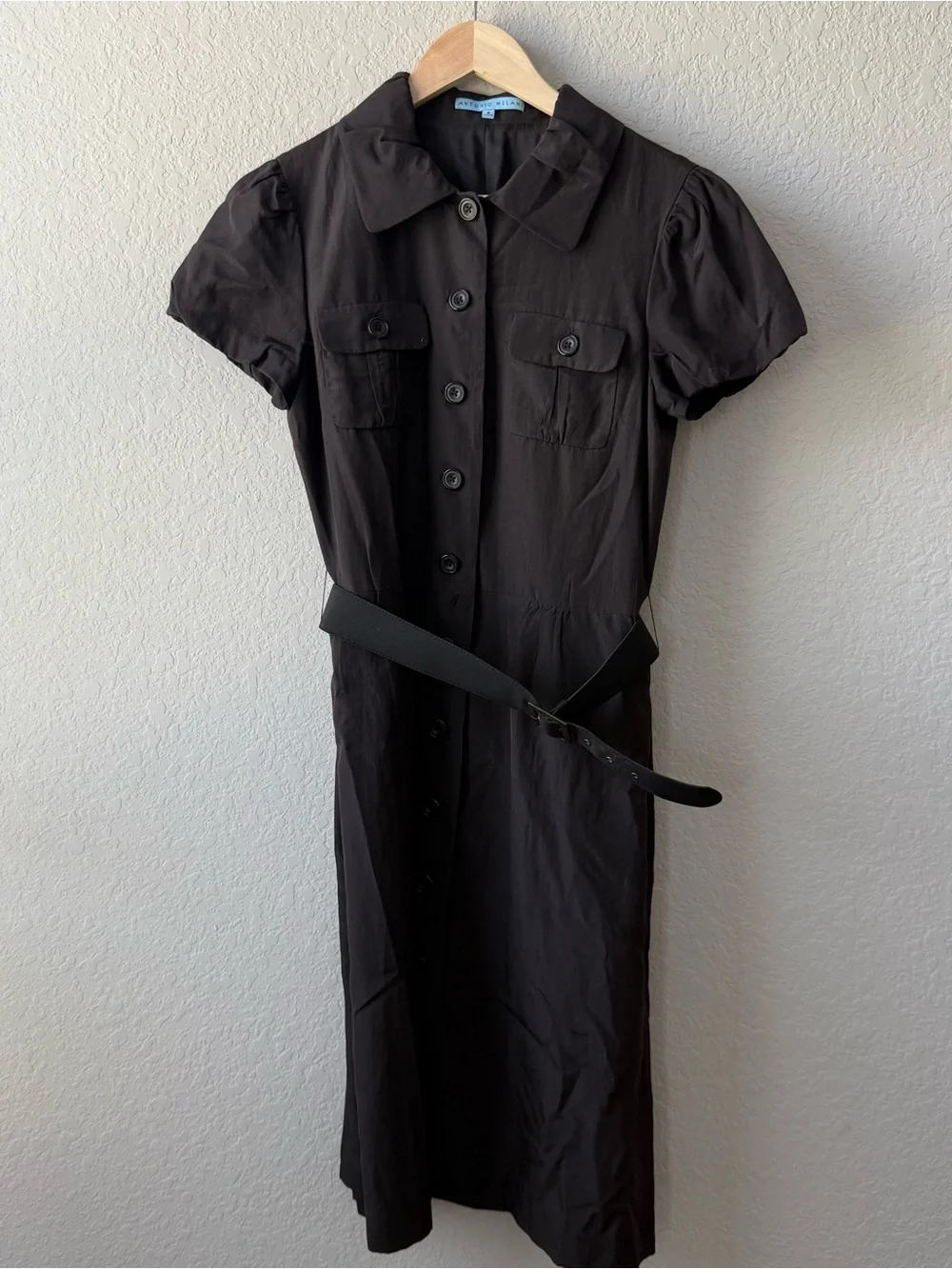 ANTONIO MELANI Black Silk and Cotton Short-Sleeve Button Midi Dress with Belt - Picture 1 of 5